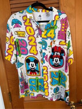 Disney Parks all over iconic Disney print button up shirt adult multicolor sz L
